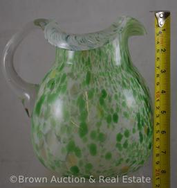 Victorian cased glass spatter pitcher, 7.75"t, green/white/gold flecks