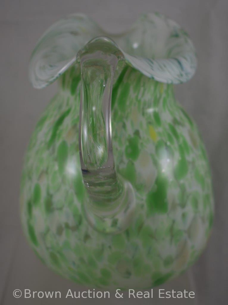 Victorian cased glass spatter pitcher, 7.75"t, green/white/gold flecks