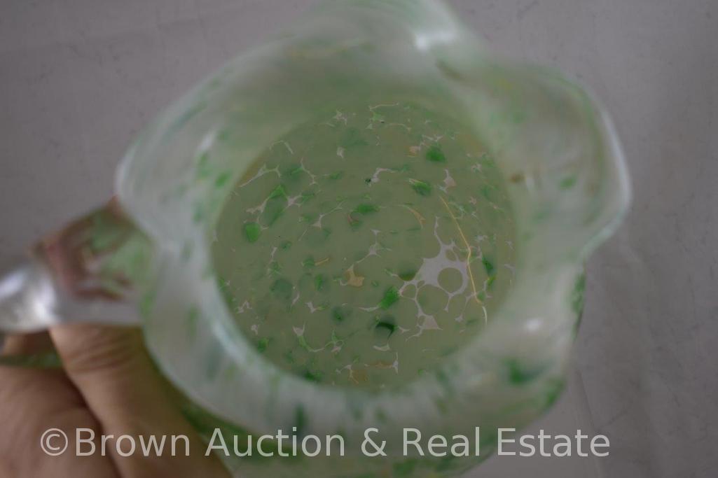 Victorian cased glass spatter pitcher, 7.75"t, green/white/gold flecks