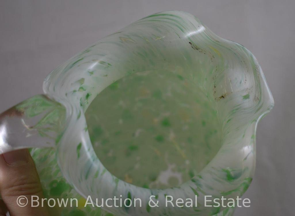 Victorian cased glass spatter pitcher, 7.75"t, green/white/gold flecks