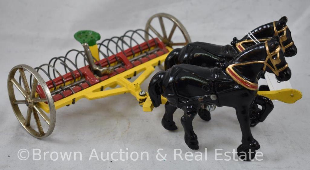 Arcade cast iron hay rake and 2-horse team (repaint)