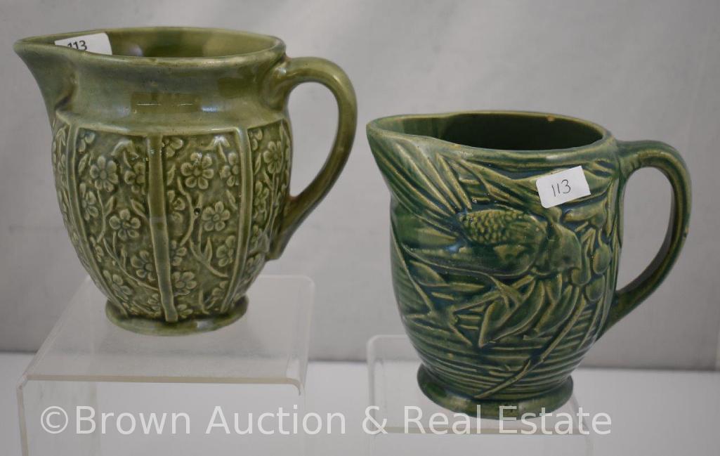 (2) Green Stoneware milk pitchers