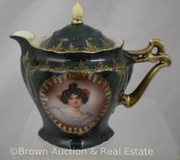 Assortment of (5) creamers, syrups and sugar bowl, all with portraits