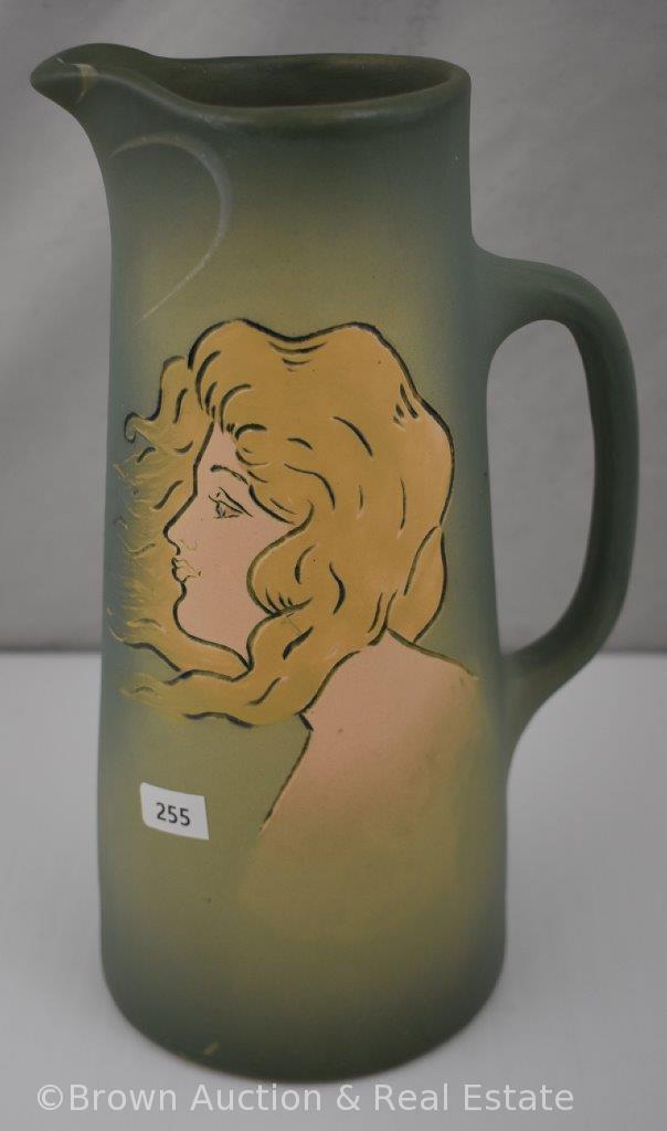Mrkd. Weller Etched Matte 11"h tankard, female with golden flowing hair