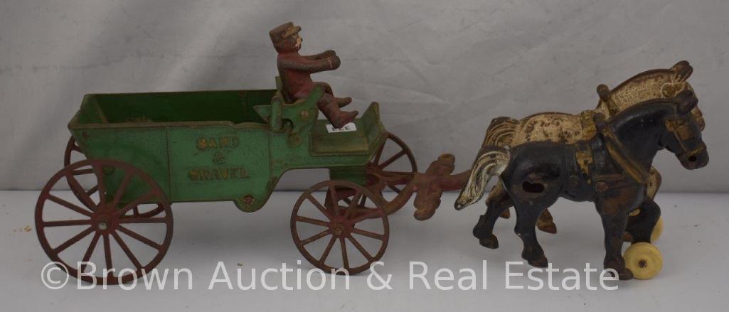 Cast Iron horse drawn "Sand and Gravel" wagon pulled by 2 horses