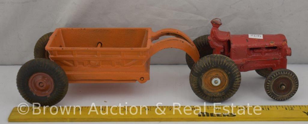 1930's Arcade Cast Iron Allis Chalmers tractor with bottom dump scraper wagon