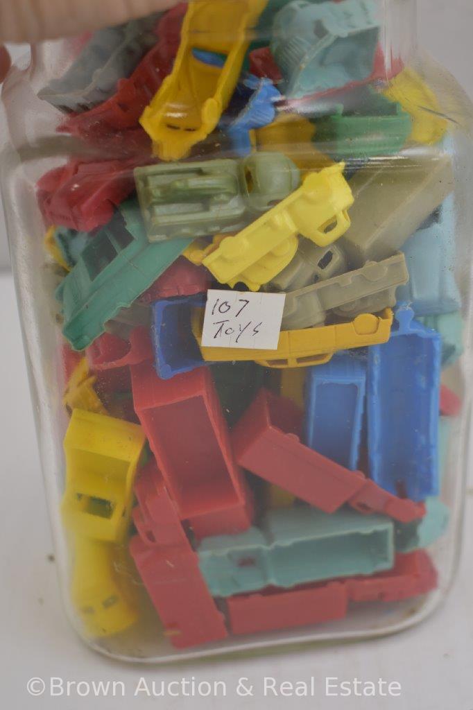 100+ tiny plastic toy cars/trucks/railroad cars