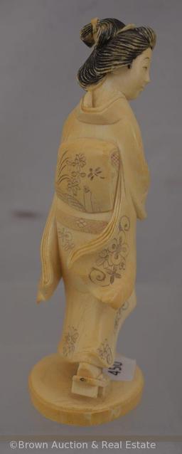 Oriental 5.5" hand carved decorated figurine of woman carrying umbrella