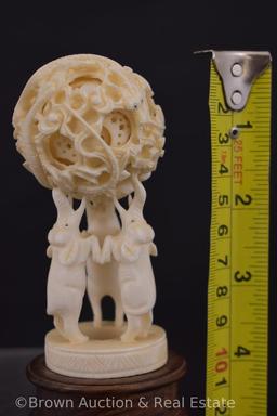 Oriental hand carved elephants figurine with 2" puzzle ball