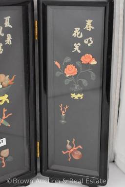 Oriental 13"h 4-part folding screen, black with colorful applied floral applications