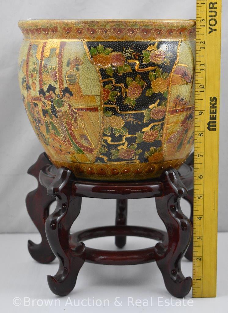 Large Porcelain Oriental planter on wood stand