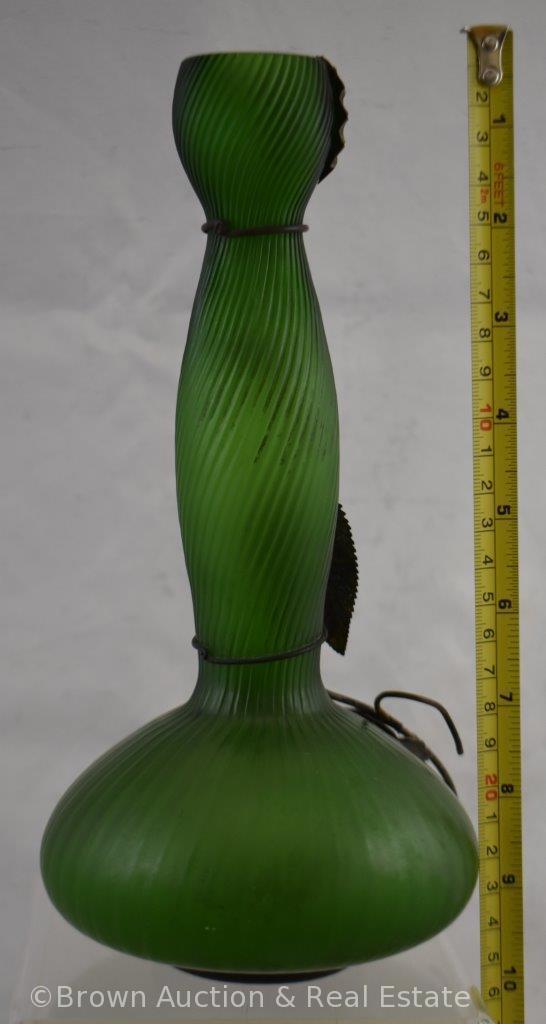 Art Glass green satin 10" vase with applied metal flower and leaves