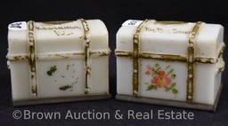 (2) Milk Glass souvenir trunk candy containers