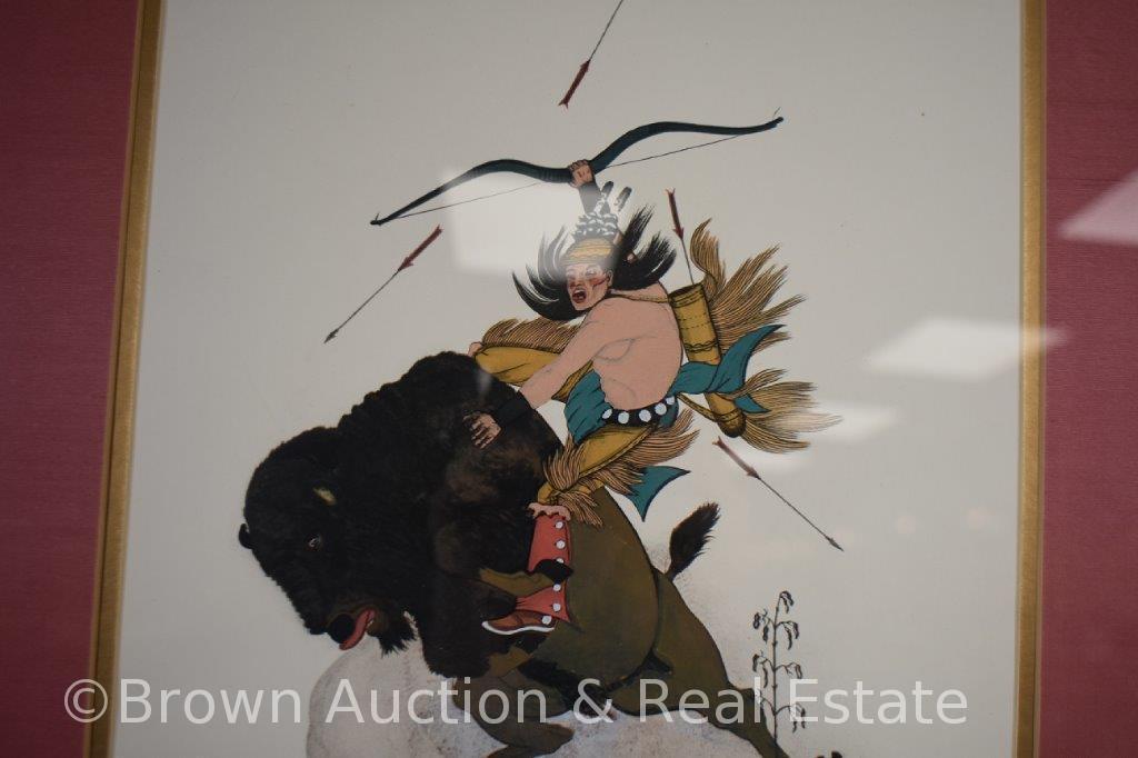 Quincy Tahoma (Native American artist) print, Indian on bucking buffalo