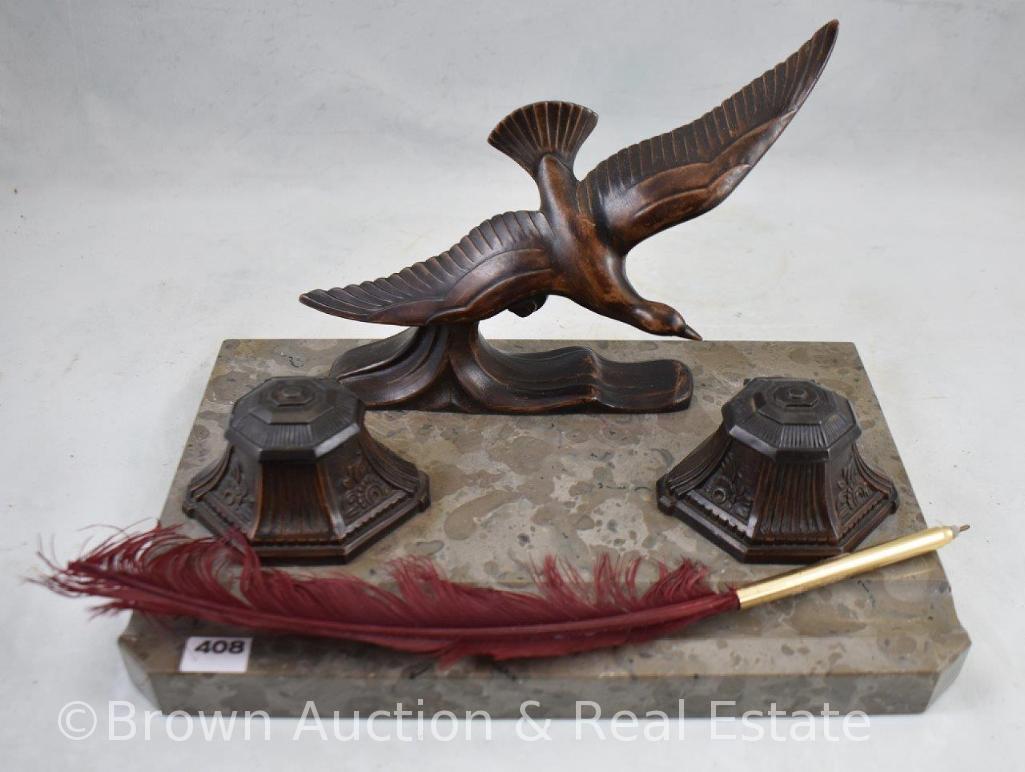 French Art Deco Bronze/Spelter double inkwell and bird in flight on marble base caddy