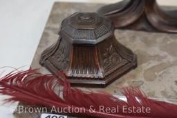 French Art Deco Bronze/Spelter double inkwell and bird in flight on marble base caddy