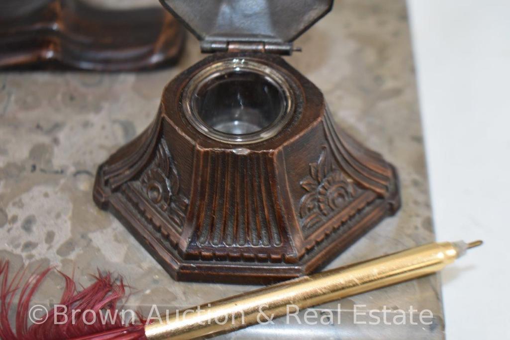 French Art Deco Bronze/Spelter double inkwell and bird in flight on marble base caddy