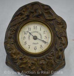 Art Deco "Crowell Elevator Company/Omaha" cast irondesk clock