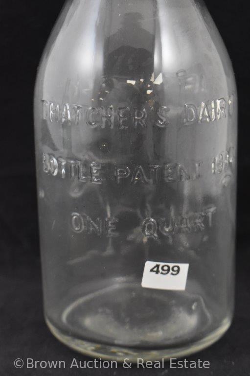 Thatcher's Dairy bottle; green Kinsley Ice Cream and Bottling Works beverage bottle; J.C.
