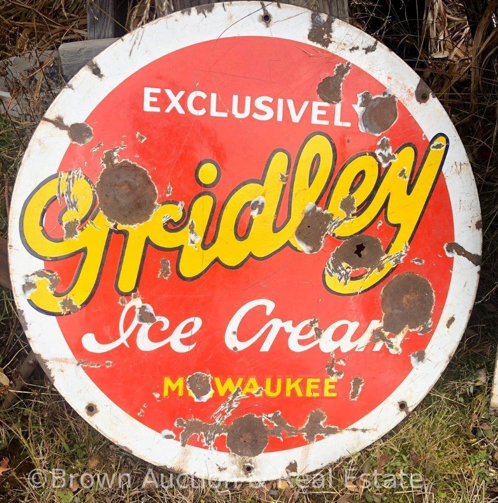 "Gridley Ice Cream" single sided porcelain advertising sign