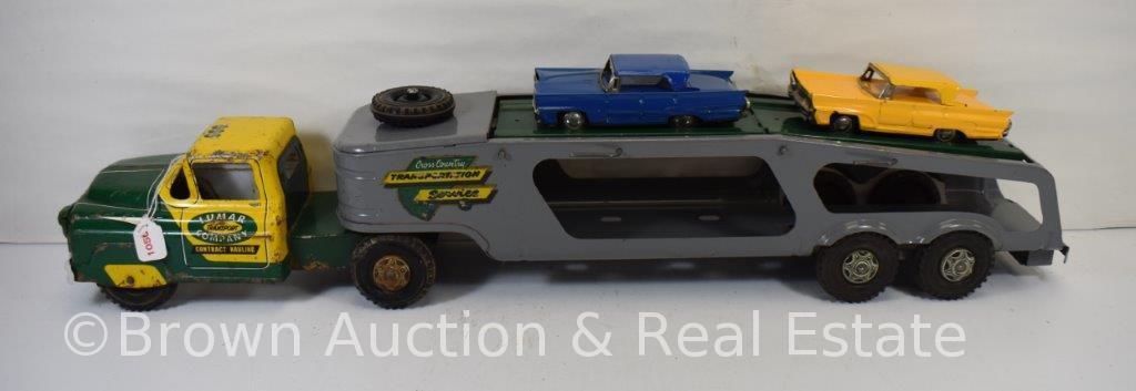 Marx Dodge cab Lumar "Cross Country Transportation Service" car hauler with (2) Lincoln cars