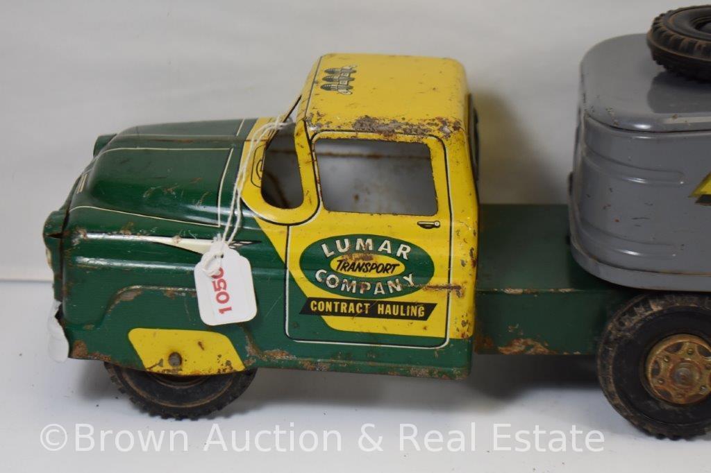 Marx Dodge cab Lumar "Cross Country Transportation Service" car hauler with (2) Lincoln cars