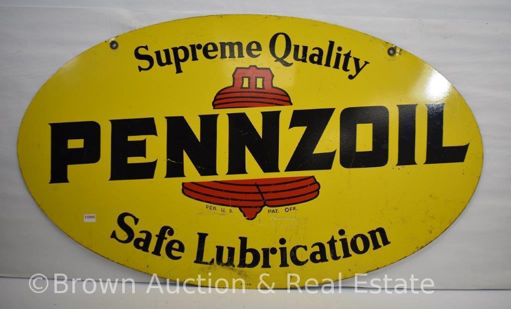 "Pennzoil Safe Lubrication" advertising double sided tin oval sign