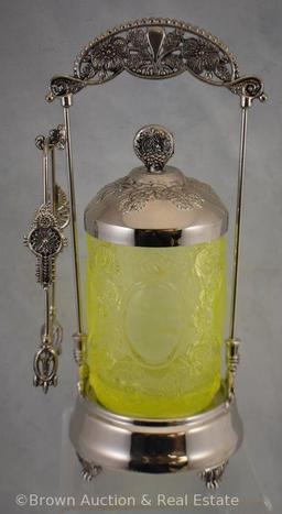 Vaseline Glass Rose and Mirror pickle castor and holder w/tongs