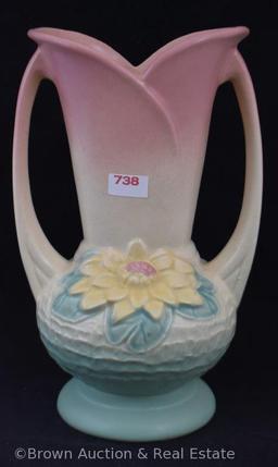 Hull Water Lily L-10-9.5" vase, pink/green