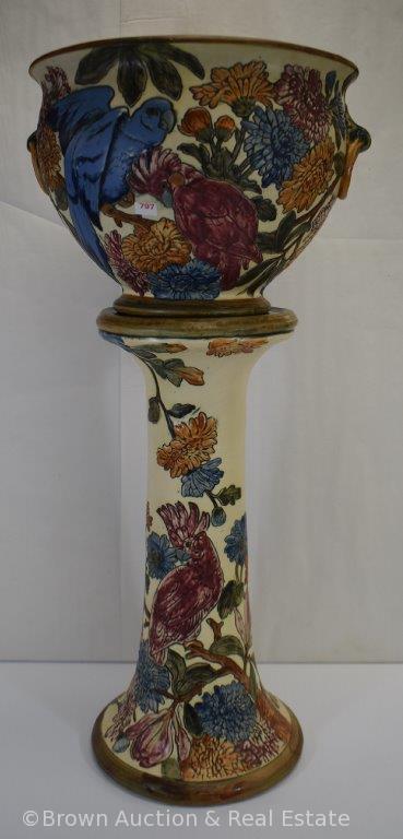 Gorgeous Weller Flemish Parrots and floral jardiniere and pedestal