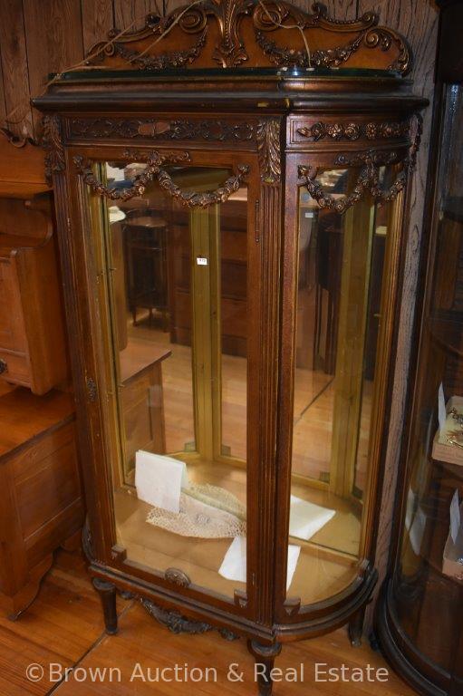 Unique Victorian curved glass lighted china cabinet, lots of applied garlands of roses motif