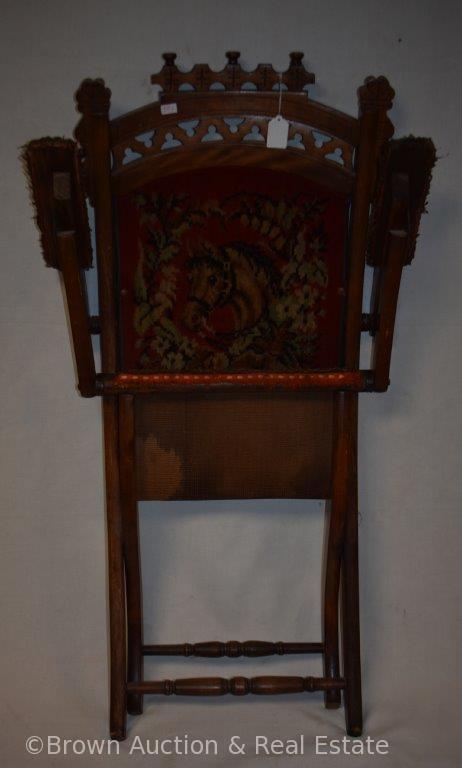 Small size occasional fold-up chair, tapestry back and seat with horse's heads