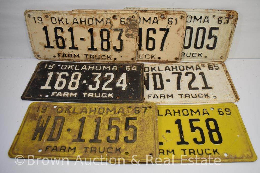 (7) Oklahoma farm truck license plates - 1960, 61, 63, 64, 65, 67, 69