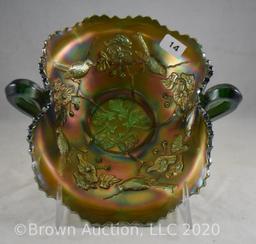 Carnival Glass Birds and Cherries green dbl. handled nappy