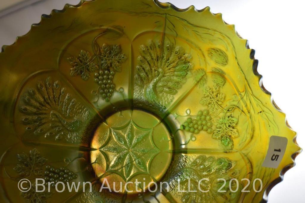 (2) Carnival Glass Peacock and Grapes 9"d bowls