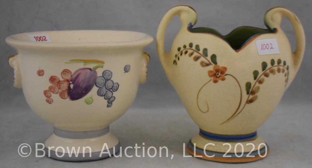 (2) Weller Pottery pieces: Bonito 5" vase with handles; Noval 4" compote
