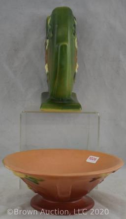 (2) Roseville Snowberry pcs: 1FH-6" vase, green; 1BL2-6" bowl, pink