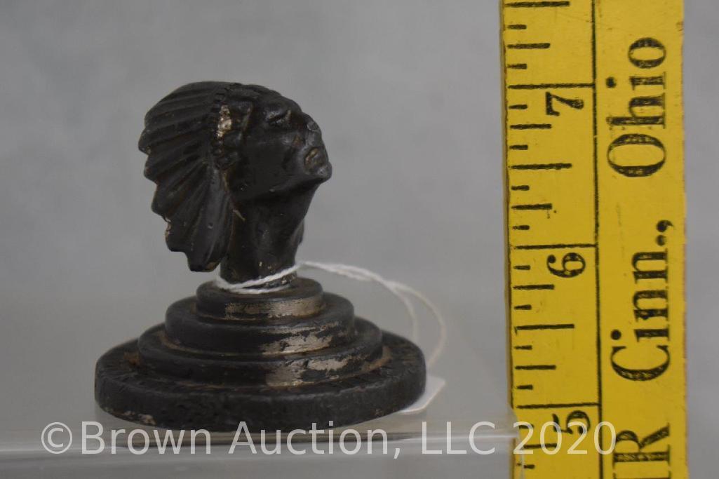 (2) Figural Indian head items: United American Metals paperweight; Central Hall, Ames IA ashtray