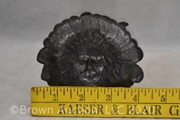 (2) Figural Indian head items: United American Metals paperweight; Central Hall, Ames IA ashtray