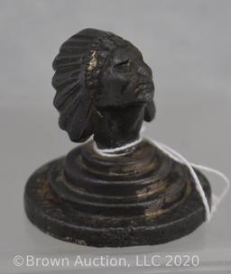 (2) Figural Indian head items: United American Metals paperweight; Central Hall, Ames IA ashtray
