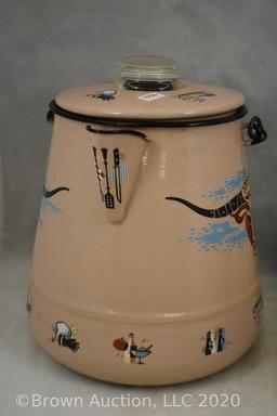 Vintage western enamelware coffee pot/cov. casserole, divided plates and mugs