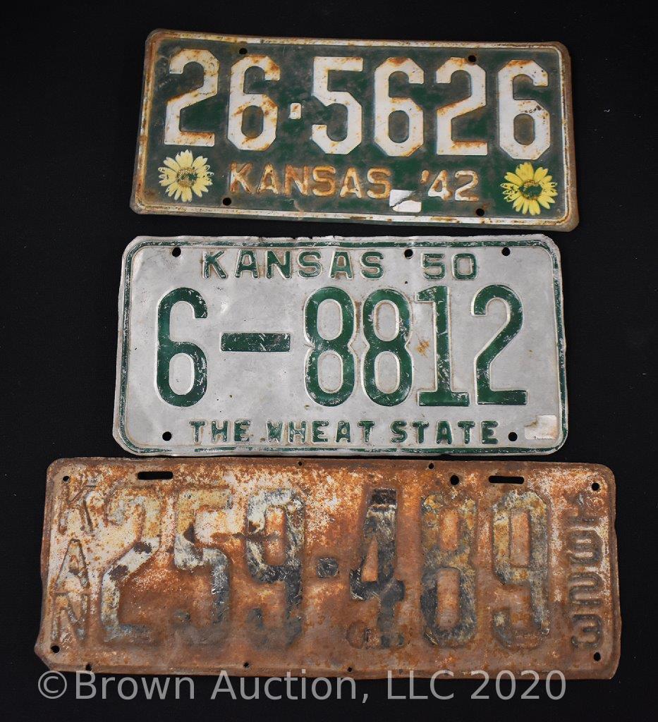 (3) KS car tags - 1923, '42, '50