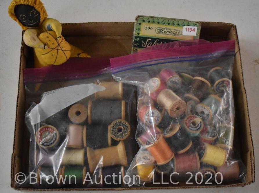 Assortment of sewing supplies incl. thread, Sears Safety pins and pin cushion