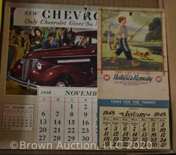 (2) Adver. calendars: 1939 Chevrolet, 1948 Nature's Remedy; Old 45 records; Commemorative Statute of