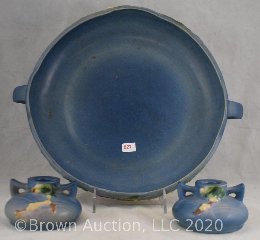 Roseville Snowberry console set, blue: 1BL-10" bowl and pr. 1CS1-2" candleholders