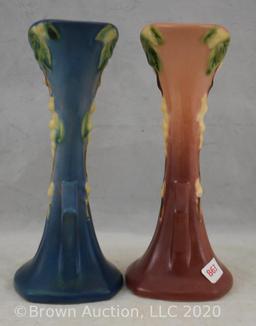 (2) Roseville Snowberry 1BV-7" vases, blue and pink