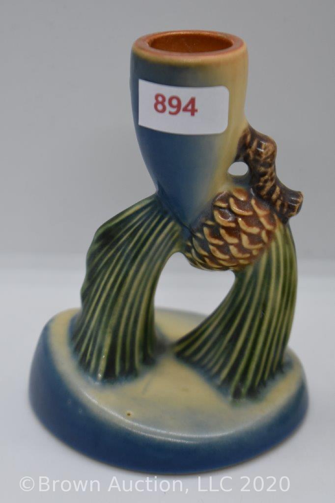 Pr. Roseville Pine Cone 451-4" candleholders, blue