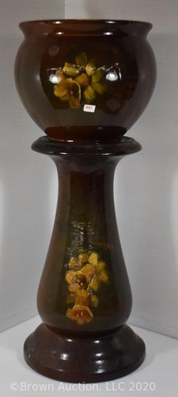 Weller Louwelsa jardiniere and pedestal, floral decoration, 26.5" tall overall with 8"d jardiniere