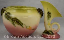 (2) Hull Woodland glossy pcs: W7-5.5" jardiniere; W2-5.5" cornucopia