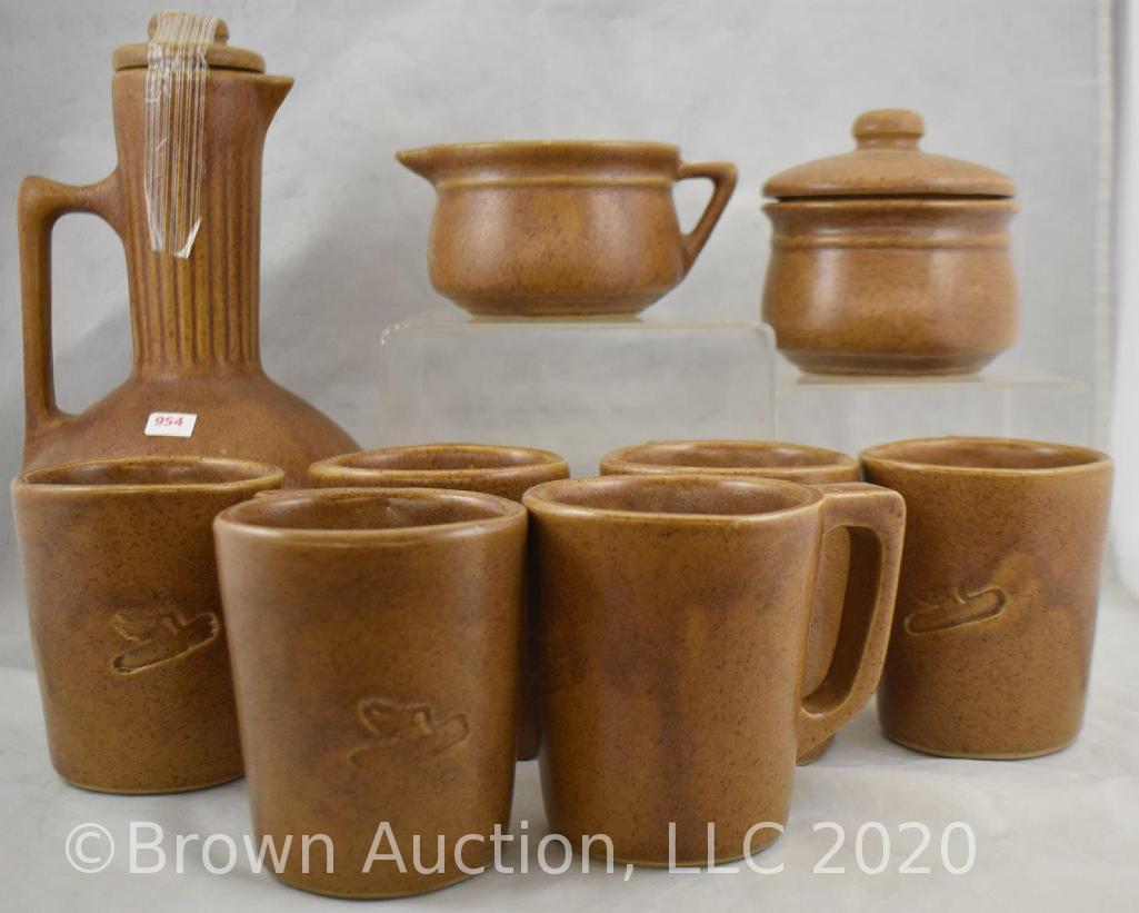 Monmouth Pottery DeKalb Seed Co. pieces incl. jug, (6) mugs, creamer and sugar with embossed company